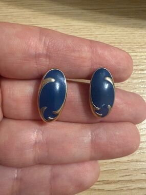 Blue Oval Enamel Clip-On Earrings - Unbranded